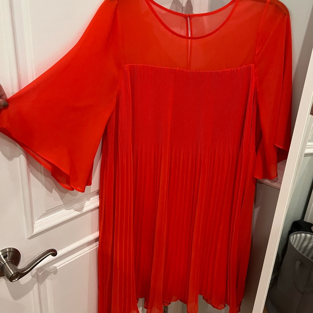 👗: Anthropologie Maeve Edie Swing Red Pleated Dress with Sleeves